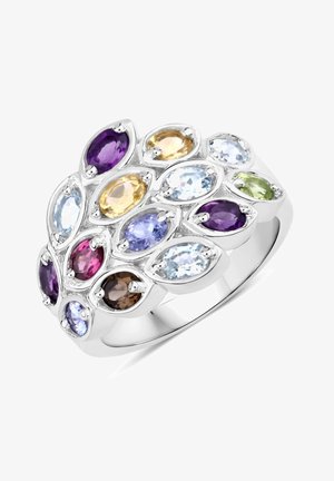 Mehrsteinring mit verschiedenen birnenförmigen Edelsteinen in Lila, Blau, Gelb und Grün, gefasst in poliertem Silber.