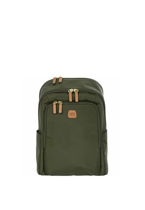 Dark green backpack with multiple zippered compartments and brown leather zipper pulls, set against a white background.