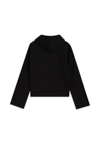 Sudadera negra recortada con mangas largas, con capucha ajustable con cordón y dobladillo acanalado. Hecha de material suave y liso. Sin estampados visibles.