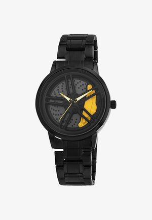 Schwarze Armbanduhr mit rundem Gehäuse, strukturiertem schwarzen Zifferblatt, gelben Akzenten und einem Gliederarmband. Verfügt über auffällige Stundenmarkierungen und ein minimalistisches Design.