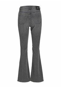 Jeans grigi flared realizzati in denim, con vita a media altezza, design a cinque tasche e cuciture a contrasto sulle cuciture.