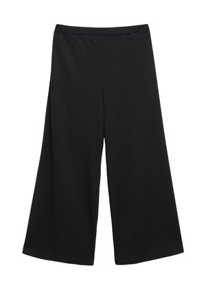 Pantalon court noir à jambes larges avec taille élastique, sans poches visibles ni ornements.