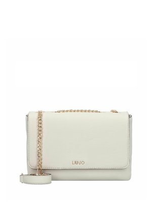 Offwhite Leder-Crossbody-Tasche mit goldfarbigem Kettenriemen und Liu Jo Logo auf der vorderen Klappe vor weißem Hintergrund.