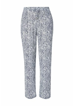 Hvide bukser med snørelukning og elastik i taljen med et sort mønster af muslingeskaller over det hele, lige ben og sidelommer.