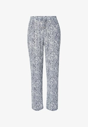 Pantaloni bianchi con coulisse e vita elasticizzata, caratterizzati da un motivo a conchiglie nere su tutta la superficie, taglio a gamba dritta e tasche laterali.