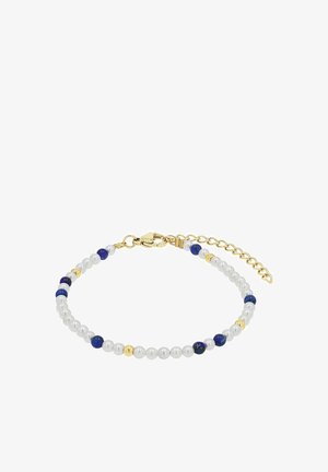Pulsera con cierre en tono dorado que presenta perlas blancas y cuentas de lapislázuli alternando, con pequeños acentos dorados en un diseño de cuentas.