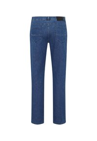 Blue denim jeans with a straight-leg cut, featuring a back yoke and two back pockets. The waistband has a black label at the center.