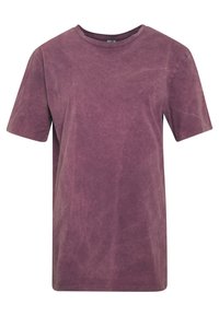 Kortärmad t-shirt i en urtvättad plommonfärg, tillverkad av mjuk bomull, med rund halsringning och en avslappnad passform med en subtil texturerad yta.