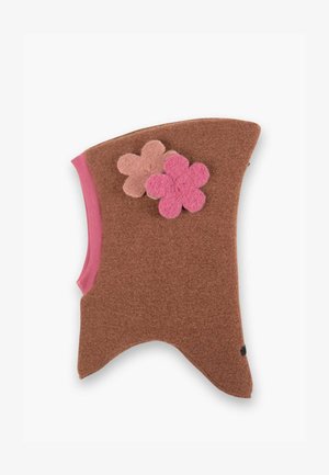Acessório de feltro castanho com acabamento em algodão rosa; apresenta três apliques de flores de feltro em rosa escuro e rosa claro de um lado.