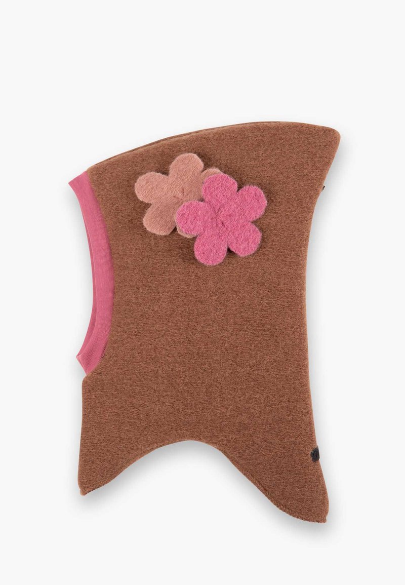 Accessorio in feltro marrone con rifinitura in cotone rosa; presenta tre applicazioni floreali in feltro di rosa scuro e rosa chiaro su un lato.