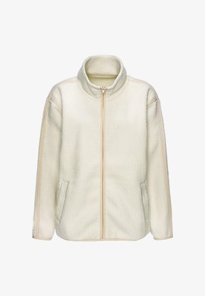 Fleecejacke in Cremefarbe mit durchgehendem Frontreißverschluss, Stehkragen und zwei Seitentaschen, mit hellbeigem Besatz entlang der Nähte und Kanten.