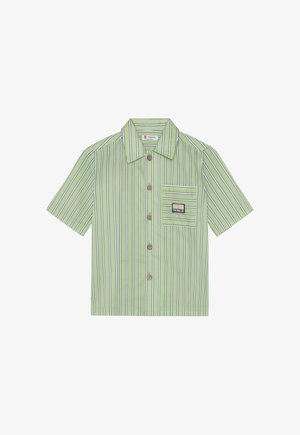 Kortærmet skjorte med knapper i lys grøn farve, med lodrette hvide og marineblå striber, en brystlomme og knapper af træ.