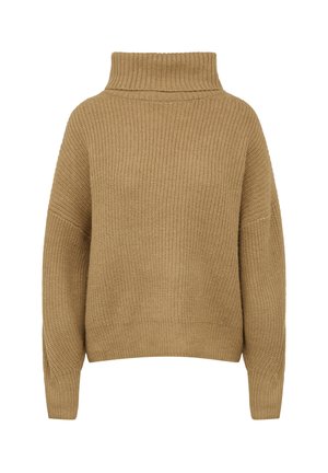 Strickpullover mit Rollkragen in Beige. Verfügt über eine lockere Passform, gerippte Textur und lange Ärmel. Einfache Konstruktion ohne Verzierungen.