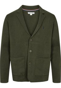 Grön cardiganjacka i stickad tyg, med slagkrage, två framfickor och tre bruna knappar. Etiketterna är synliga inuti.