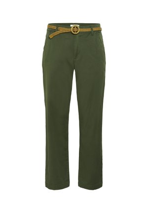 Pantalons vert olive à coupe droite, dotés d'une ceinture tressée marron et de passants de ceinture. Fabriqués en tissu léger, avec des poches latérales.