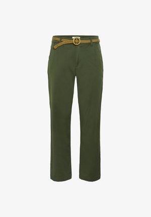 Olivgrüne Hosen mit geradem Schnitt, ausgestattet mit einem geflochtenen braunen Gürtel und Gürtelschlaufen. Aus leichtem Stoff gefertigt, mit Seitentaschen.