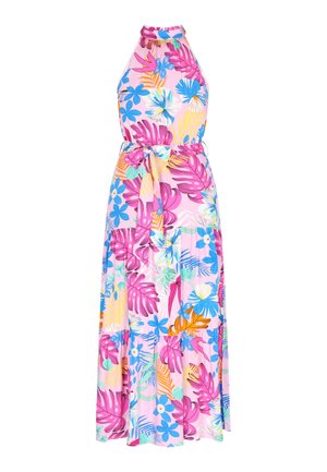 Maxi ruha pánt nélküli nyakkivágással, rózsaszín háttérrel és élénk trópusi virágmintákkal lila, kék és narancssárga színekben. Kötött derékrésszel rendelkezik.