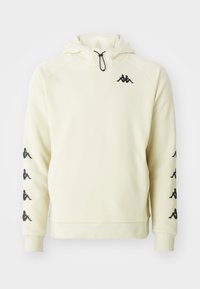 Cream-colored Kappa hoodie with front pocket, black logo on chest and multiple logos down both sleeves, with adjustable hood drawstring.