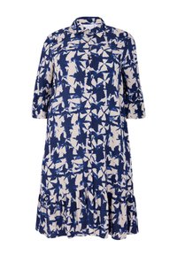 Blau- und cremefarbendes Hemdblusenkleid mit Blättermuster, dreiviertellangen Ärmeln und gerüschtem Saum. Hergestellt aus leichtem Material.