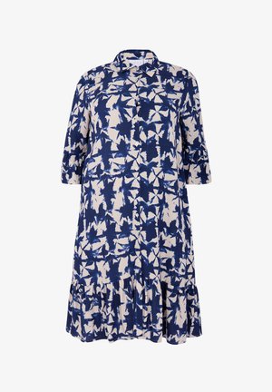 Blauwe en crèmekleurige blousejurk met een bladerenpatroon, driekwart mouwen en een gerafeld zoom. Gemaakt van lichtgewicht stof.