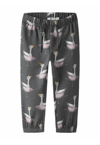 Sive trenirke s elastičnom sredinom, s razigranim uzorkom ružičastih tutua i bijelih labudova. Mekani, lagani materijal s elastičnim manžetama.