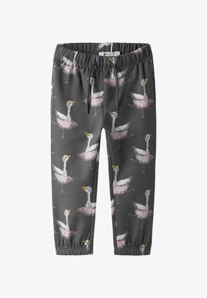 Szare dresy z elastycznym paskiem w talii, z zabawnym wzorem różowych tutu i białych łabędzi. Miękka, lekka tkanina z elastycznymi mankietami.