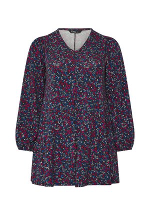 Tunic floreale di colore blu scuro, con scollo a V, maniche lunghe e vestibilità ampia, decorata con motivi multicolori di fiori rossi, rosa e bianchi.
