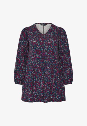 Floral Tunika in Dunkelblau, mit V-Ausschnitt, langen Ärmeln und lockerer Passform, verziert mit mehrfarbigen Mustern aus roten, rosa und weißen Blumen.