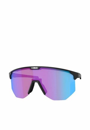 Occhiali da sole con montatura nera e lenti sfumate da viola a blu, caratterizzati da un design sportivo e una forma avvolgente per una migliore copertura.