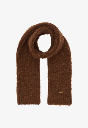 Brun strikket tørklæde med en struktureret, blød finish. Har rundede ender og et lille guldlogo-accent på den ene side.