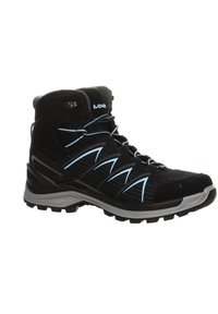 Black hiking boot featuring a mesh upper with blue accents, a padded collar, and a rubber outsole with deep treads for traction.