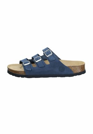 Blue leather slide sandal with three adjustable silver buckles, beige footbed, cork midsole, and black rubber outsole.