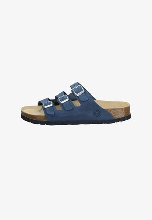 Blue leather slide sandal with three adjustable silver buckles, beige footbed, cork midsole, and black rubber outsole.