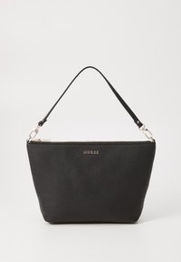 Zwarte ongekleurde leren handtas met een ritsafsluiting, logo detail in goud en een enkele verstelbare schouderband om mee te dragen.