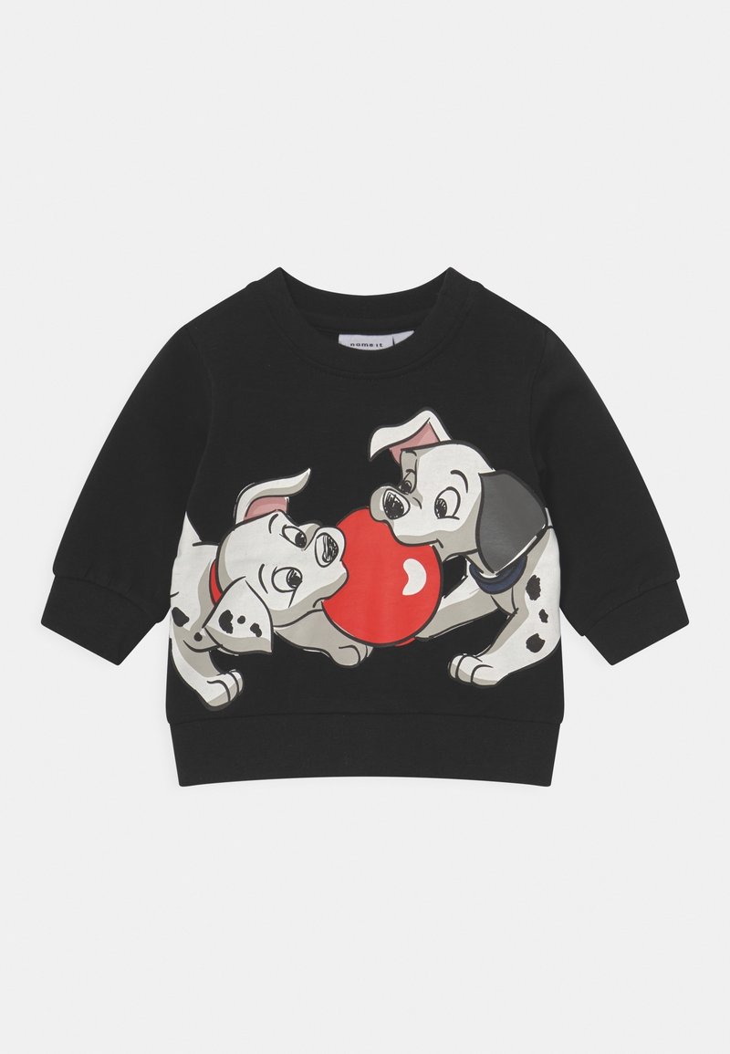 Sweat-shirt noir à manches longues pour tout-petit avec deux chiots dalmatiens joueurs tenant une grande balle rouge entre eux sur le devant.
