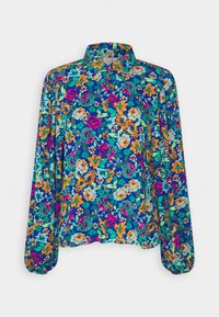 Blouse fleurie affichant un mélange vibrant de fleurs roses, orange et bleues sur un fond bleu foncé. Manches longues et design avec col.