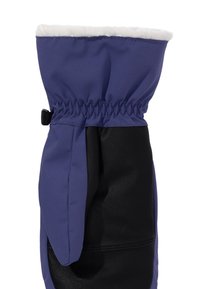 Vintervante med svart läderhandflata och lila tyg på baksidan, elastiskt handled och vit fleecefoder synligt vid mudd.