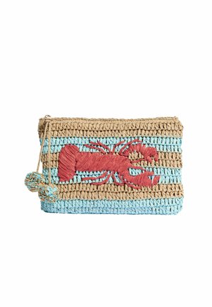 Clutch purse with woven beige and blue stripes, featuring a red lobster design and two pom-pom zipper pulls on a white background.