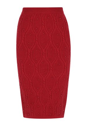 Rød strikket blyantskirt med ribbet talje og hævede ovale mønstre prydet med små matchende perler.