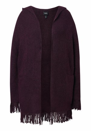 Cardigan à capuche bordeaux, design ouvert à l'avant, texture tricotée, comprenant deux poches et un ourlet à franges. Tissu doux avec une apparence cozy.