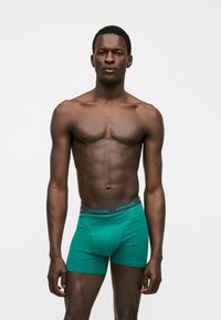 Μυώδης άνδρας στέκεται, φοράει πράσινα μποξεράκια Björn Borg, κοιτάζοντας μπροστά σε απλό λευκό φόντο.