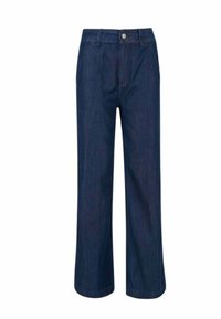 Pantaloni wide-leg in denim blu scuro con vita alta, dotati di chiusura frontale con bottone e due tasche laterali. Texture liscia e finitura pulita.