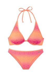 Kaheosalinebikiin komplekt, mis sisaldab kolmnurgakujulist rinnahoidjat ja sobivaid madalaid pükse. Valmistatud mitmevärvilisest kangast, millel on roosa ja oranž gradatsioon koos reljeefse mustriga.