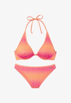 Dvojdielny bikiny set s trojuholníkovým topom a zodpovedajúcimi nízko vyrezanými nohavičkami. Vyrobené z viacfarebnej tkaniny v odstupňovanej ružovej a oranžovej farbe s vyrazeným vzorom.
