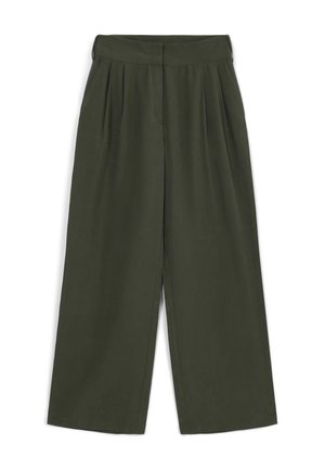 Olive green wide-leg trousers made of smooth fabric, featuring a high waist and front pleats, with a clean, tailored finish.