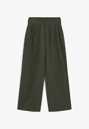 Olivgrüne weit geschnittene Hose aus glattem Stoff, mit hoher Taille und vorderem Faltenwurf, in einem klaren, taillierten Finish.