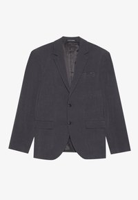 Donkergrijze blazer met een gelapte revers, twee voorzakken en een sluiting met één knoop. Gladde stof; bevat een voering aan de binnenkant.