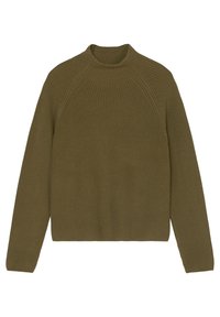 Olivgrüner Strickpullover mit hohem Kragen, geripptem Muster und Raglanärmeln. Besitzt eine lockere Passform und einen geraden Saum.