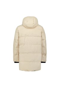 Beige pufferjack met een capuchon, voorzien van horizontale gestikte banen, lange mouwen en een rechte zoom. Geverfde, waterafstotende stof.