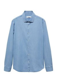 Jasnoniebieska koszula z długim rękawem zapinana na guziki, wykonana z denimu, z klasycznym kołnierzykiem, siedmioma guzikami z przodu i standardowymi mankietami.